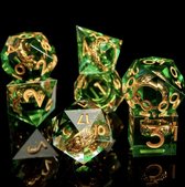 Joya Kids® Dungeons and Dragons Dobbelsteen set | Polydice DnD Dobbelstenen Set | D&D Dice set | Resin 7 stuks set | Incl Luxe Opbergdoos | Groen met Ring in de Stenen