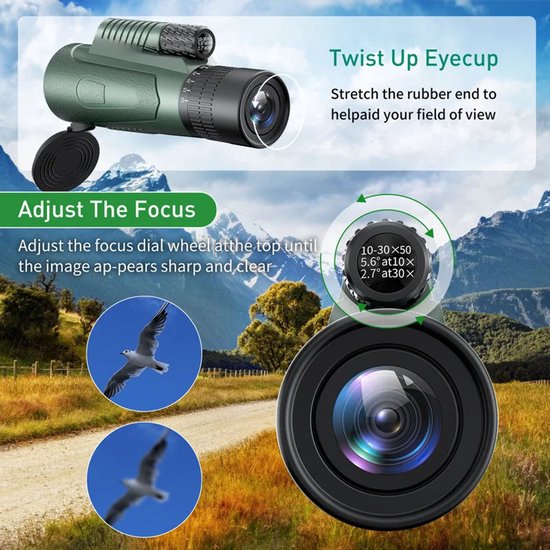 Télescope Zoom 10-30x50 – Monoculaire astronomique HD avec adaptateur pour téléphone et trépied – Chasse, Camping, observation des oiseaux et de la nature