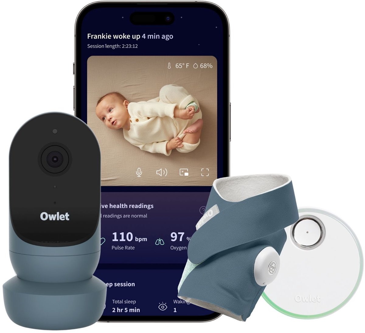 Owlet - Cam 2 & Dream Sock bundel - Slimme babymonitor met hartslag- en zuurstoftracking, Camera HD-video - Bedtime Blue
