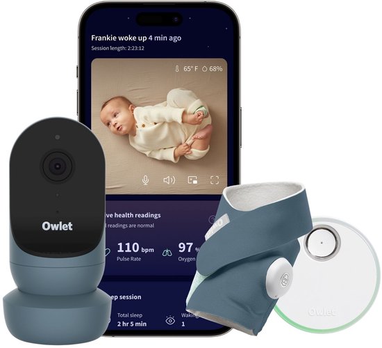 Owlet - Cam 2 & Dream Sock bundel - Slimme babymonitor met hartslag- en zuurstoftracking, Camera HD-video - Bedtime Blue