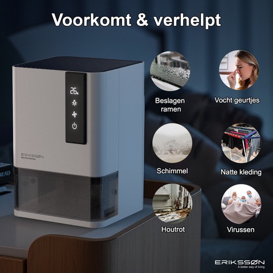 Erikssøn luchtonvochtiger met illustraties die de problemen die het oplost: beslagen ramen, schimmel, houtrot, vocht geurtjes, natte kleding, virussen.