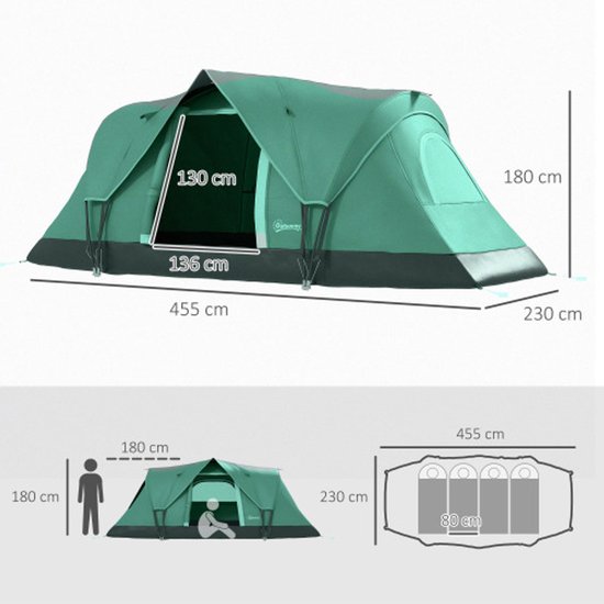 Kampeertent voor 5-6 personen, tunneltent met haringen, koepeltent, polyester, legergroen + zwart 4,55x2,3x1,8m van Merkloos — afbeelding 3
