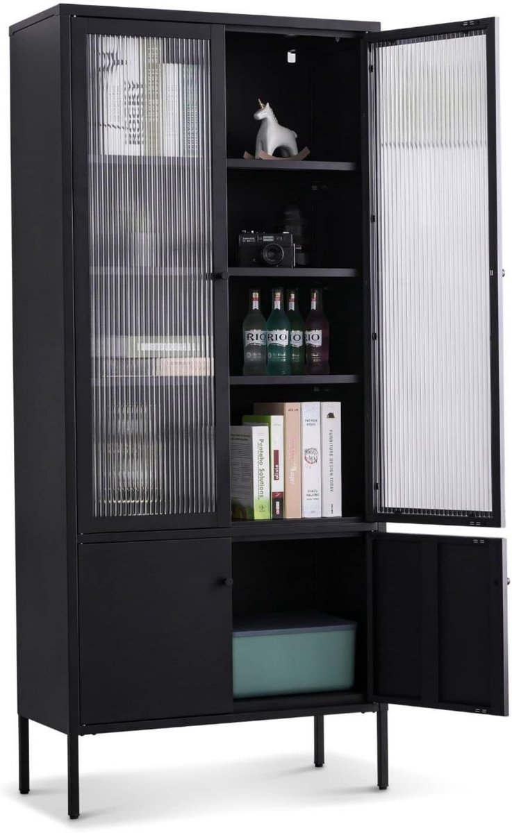 Coemo vitrinekast - Vitrinekast Tokio Modern voor, hal en woonkamer Opbergmeubels - Ladekast Metalen keukenkast vitrinekast in zwart Planchet met deuren en legplanken boekenkast - Hoge kast voor keuken