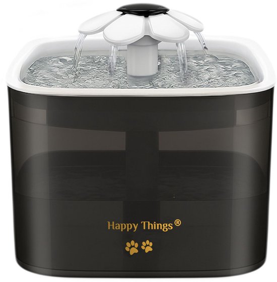 Happy Things - Drinkfontein Hond en Kat - Geruisloos - 2.5 L - Transparant Zwart met Goud - incl 4 Filters