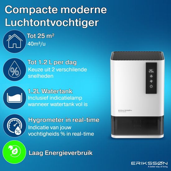 Compacte moderne luchtonvochtiger van Erikssøn, wit met zwart reservoir. Tot 25 m², 1.2L per dag, 1.2L watertank, hygro meter, laag energieverbruik.