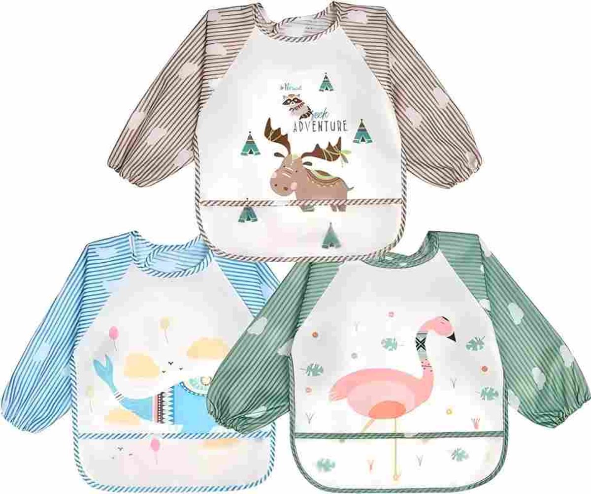 Image of 3pcs Baby eet jurk, EVA waterdichte cartoon jurk met lange mouwen, unisex jurk met rijstzak, geschikt voor kinderen van 1-3 jaar
