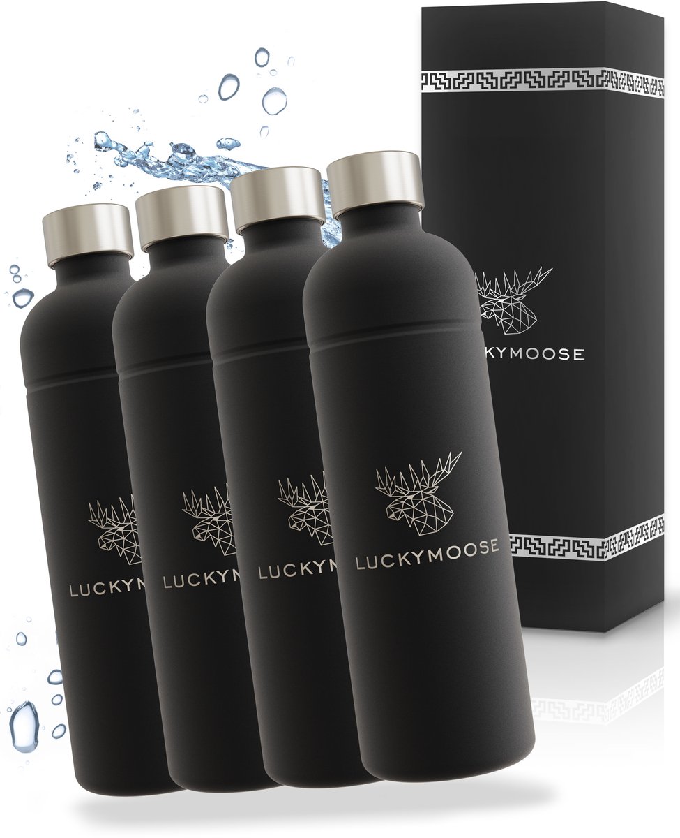 Luckymoose RVS Drinkfles 1,25L - Universeel geschikt voor Bruiswatertoestellen - Set van 4 - Infinity Roestvrijstalen Waterfles - Herbruikbaar - Zwart
