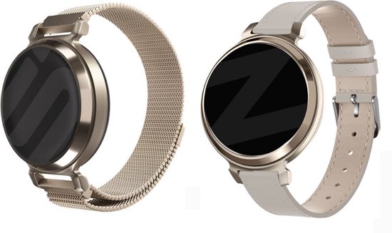 Bandz Lederen band 'Classic' (Beige) + Strap-it Milanese band (Champagne Goud) - Geschikt voor Garmin Lily 2 - Strak lederen band - RVS Stalen band met magneetsluiting - Magnetisch bandje