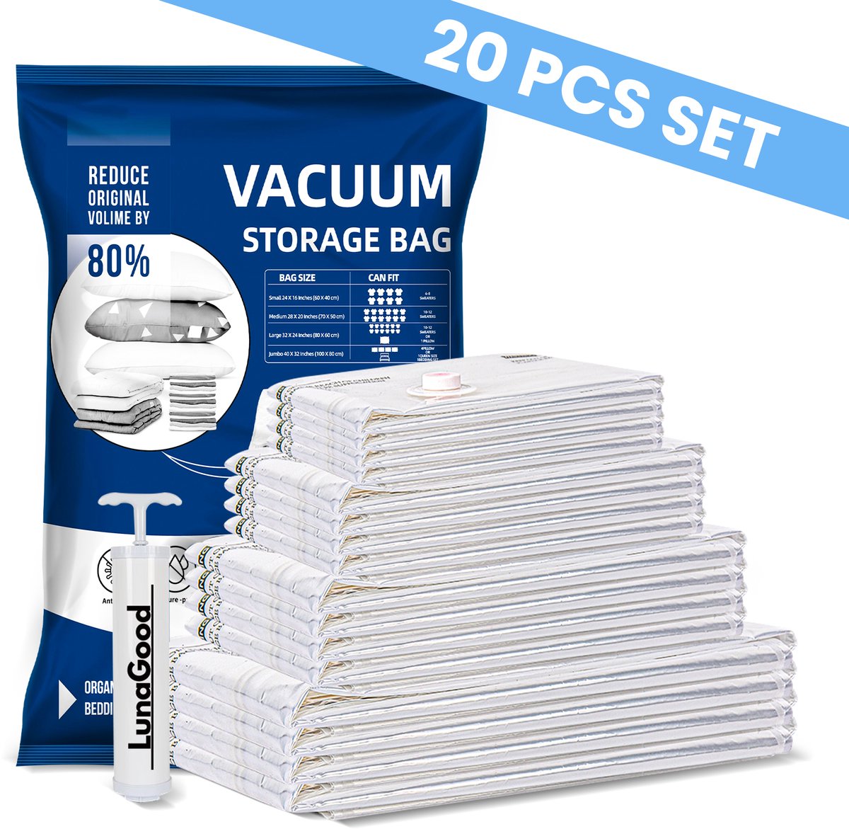 LunaGood® Vacuumzakken Set - 20 Stuks - Kleding & Dekbedden - Incl. Handpomp - 80% Ruimtebesparend