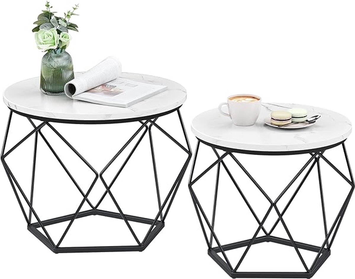 MAZAZU - Salontafel - Rond - Set van 2 - Afneembaar tafelblad - Wit en Zwart - 47/39x60/50x45/40