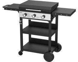 BIGHORN Gas Plancha BBQ met 3 Branders (7,2 kW) – Geëmailleerde Stalen Bakplaat – Grillwagen met Inklapbare Zijtafels – Zwart