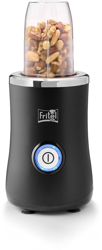 Zwarte Fritel blender met een beker gevuld met noten, de aan/uitknop licht blauw op.