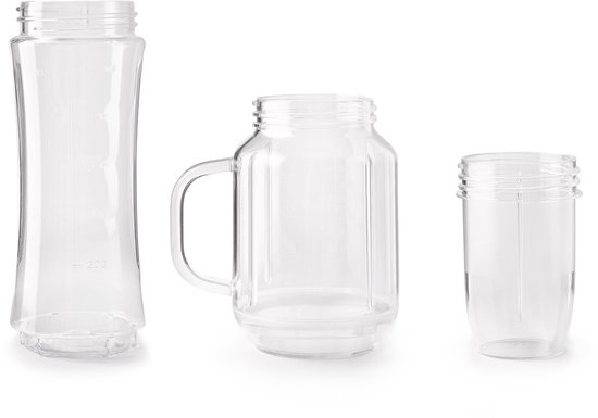 Drie lege glazen bekers van de Fritel blender: een lange, een met handvat en een kleine.