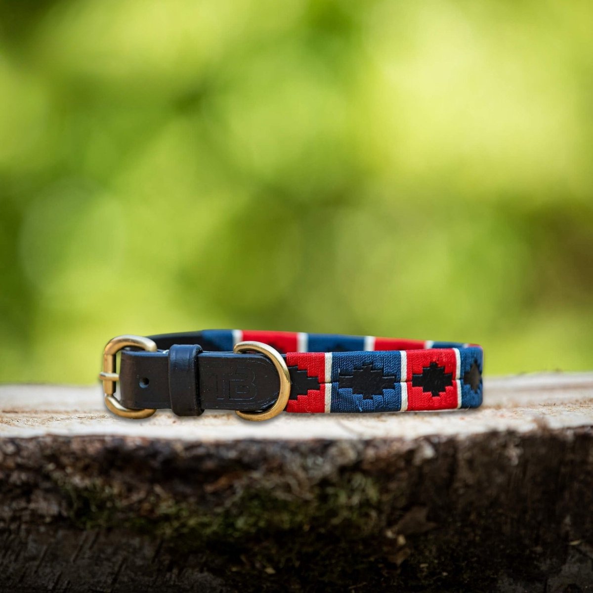 Leren Hondenhalsband – Rood-Wit-Blauw Polo Design – Maat L – Handgemaakt & Comfortabel – MTB Equestrian