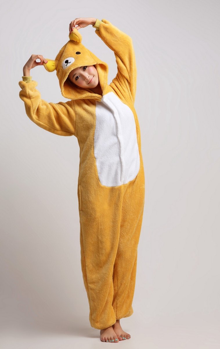 KIMU® Onesie Beer Pakje - Maat 110-116 - Berenpak Teddybeer Kostuum Pak Bruin - Knuffel Kinderen Jumpsuit Pyjama Huispak Beertje Festival