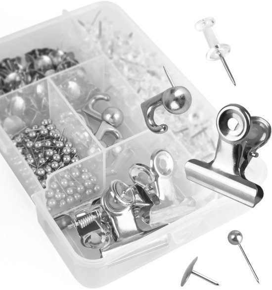 Punaises pour tableau d'affichage ou mémo – Set de 310 pièces en 5 types – Argent
