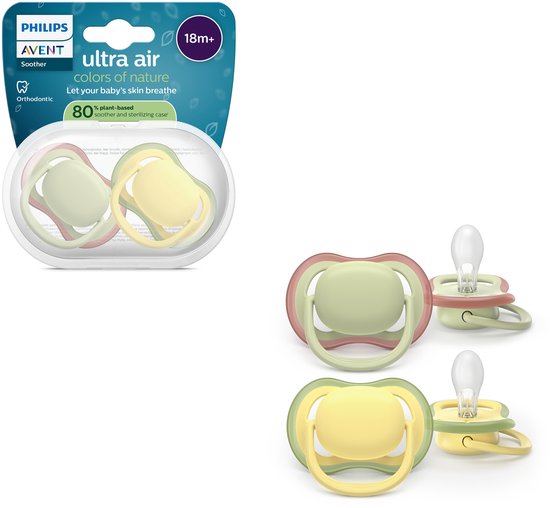 Emballage Philips Avent Ultra Air avec 2 sucettes vert pâle/rose et jaune/vert. 80% végétal, étui stérilisable.