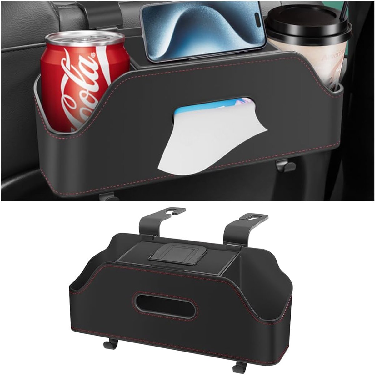 Autohoofdsteun-achterbankorganizer met bekerhouder, multifunctionele opbergdoos voor de rugleuning van de auto met haken, autodrinkbakje, snackhouder voor telefoon, reisaccessoires voor kinderen en volwassenen (zwart)