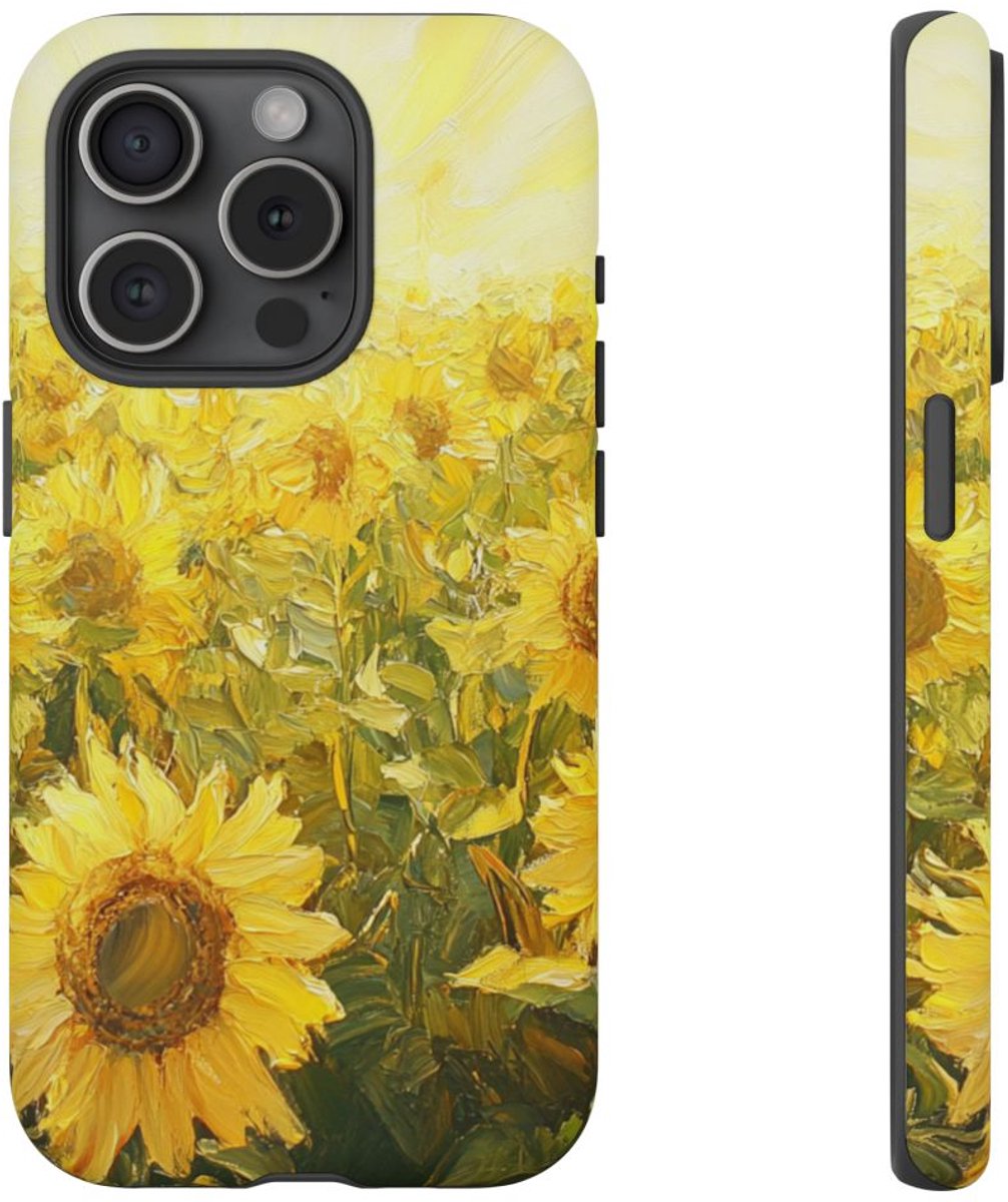 Zonnebloemenveld met Stralend Zonlicht – Telefoonhoesje Geschikt voor iPhone 15 Pro