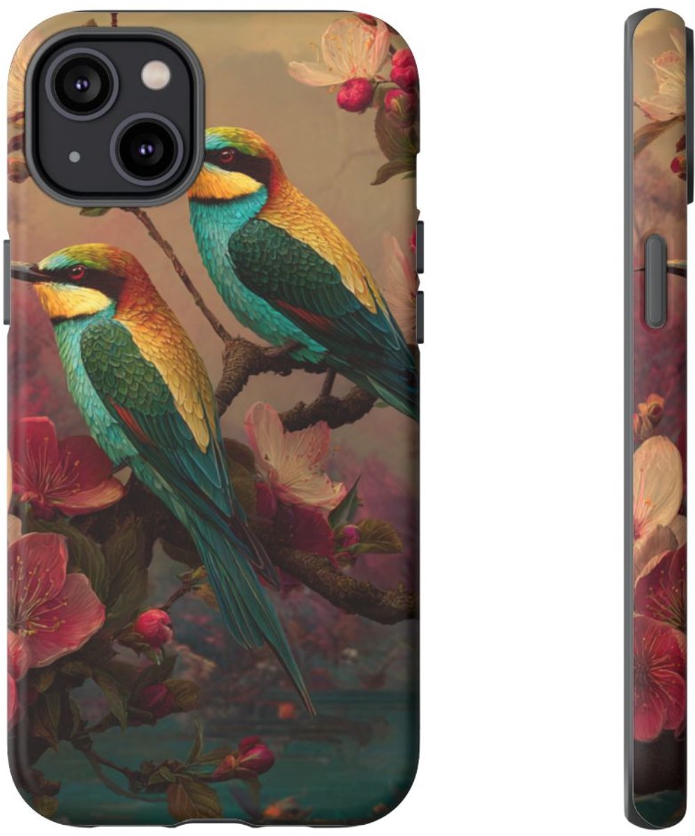 Kleurrijke Vogels op Bloesemtak – Telefoonhoesje Geschikt voor iPhone 14 Plus