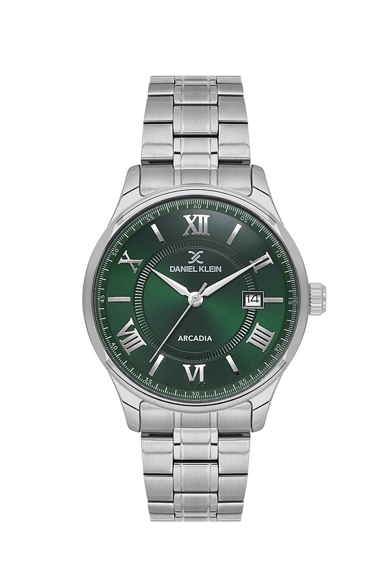 Daniel Klein DK.6.14050-6 - Horloge - Polshorloge - Analoog - Heren- Mannen - Rond - Stalen band - Metaal - Datumaanduiding - Streepjes - Romeinse cijfers - Zilverkleurig - Groen - Wit - Zwart