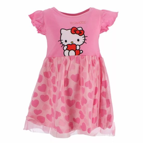 Roze Hello Kitty jurkje met strik en hartjesprint op de rok.
