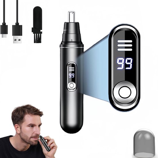 Zwarte neus- en oorschiertrimmer met verlicht display, USB-oplaadkabel, reinigingsborstel en transparante dop. Een man gebruikt de trimmer.