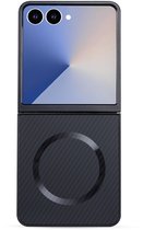 Coque compatible avec Samsung Galaxy Z Flip 7 - Zwart - Coque arrière en carbone Casemania compatible MagSafe - Coque de Protection magnétique pour téléphone