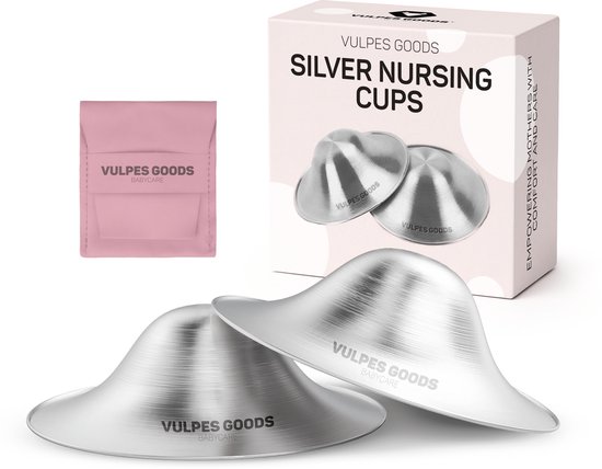 Zilveren tepelhoedjes, opbergzakje en verpakking van Vulpes Goods.
