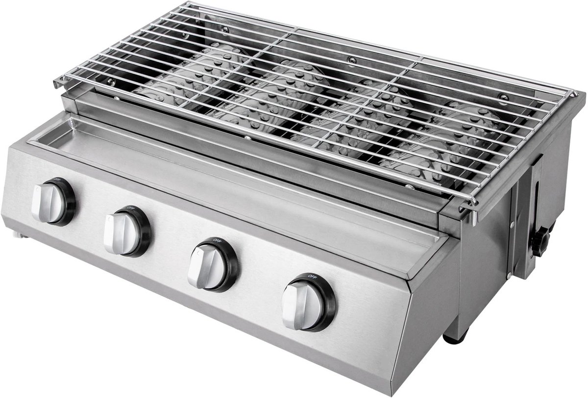 Gasbarbecue - Rookloze BBQ Grill - 4 Branders - Roestvrij Staal - Draagbare LPG Buitenkeuken - In Hoogte Verstelbare Gasgrill - Met Olieopvangbak - Tafelmodel BBQ - 58x40x20 cm - Tuin Terras Balkon Camping