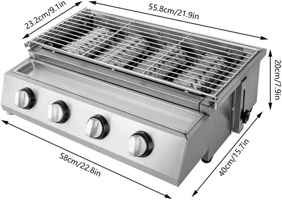 Gasbarbecue - Rookloze BBQ Grill - 4 Branders - Roestvrij Staal - Draagbare LPG Buitenkeuken - In Hoogte Verstelbare Gasgrill - Met Olieopvangbak - Tafelmodel BBQ - 58x40x20 cm - Tuin Terras Balkon Camping van Moa. — afbeelding 2