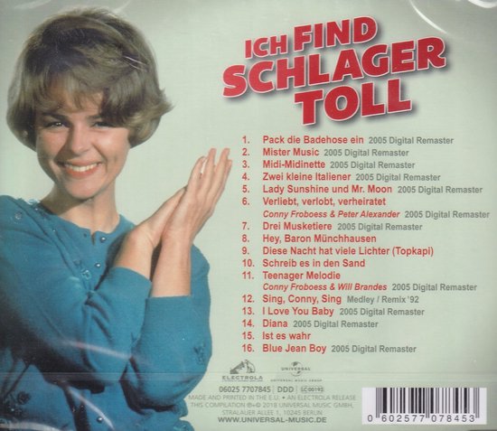 Conny Froboess met de tekst "Ich Find Schlager Toll" en tracklist op de achterkant van de CD.