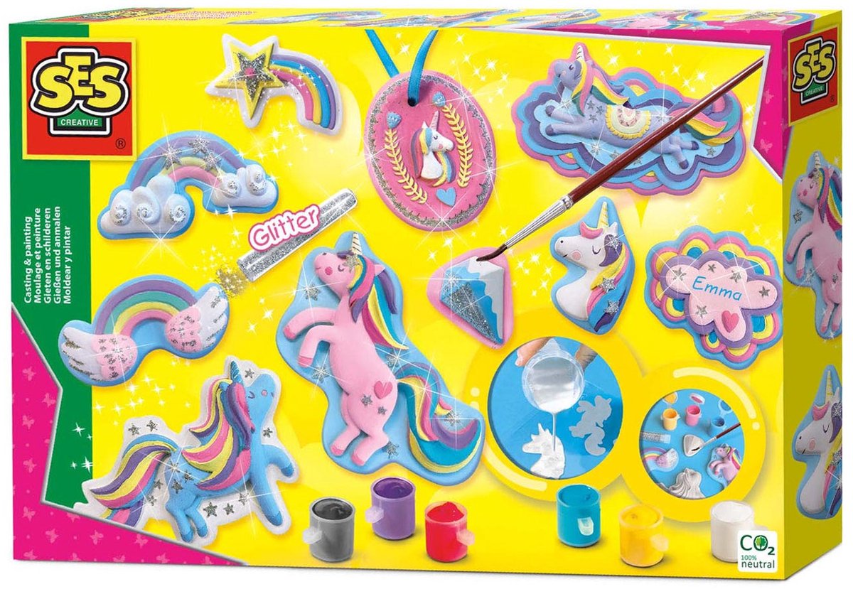 SES - Gieten en schilderen - Eenhoorns - Unicorn Speelgoed - sneldrogend - Gips Gieten - vormpjes, gips, verf, penseel, glitterlijm, gladstrijkkam en satijnband - knutselen meisjes