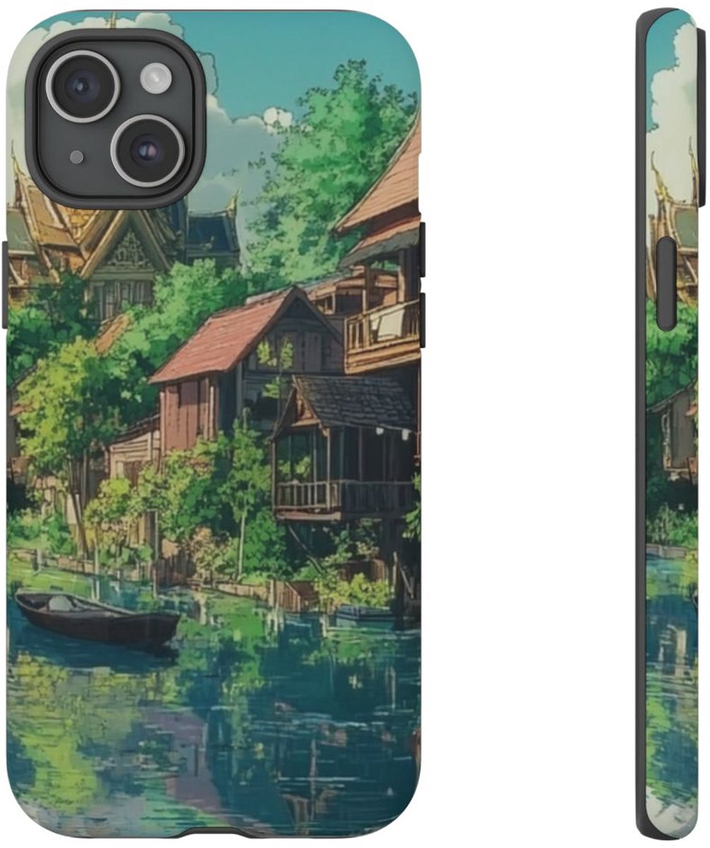 Kanaal met Traditionele Huizen en Boten – Telefoonhoesje Geschikt voor iPhone 15 Plus