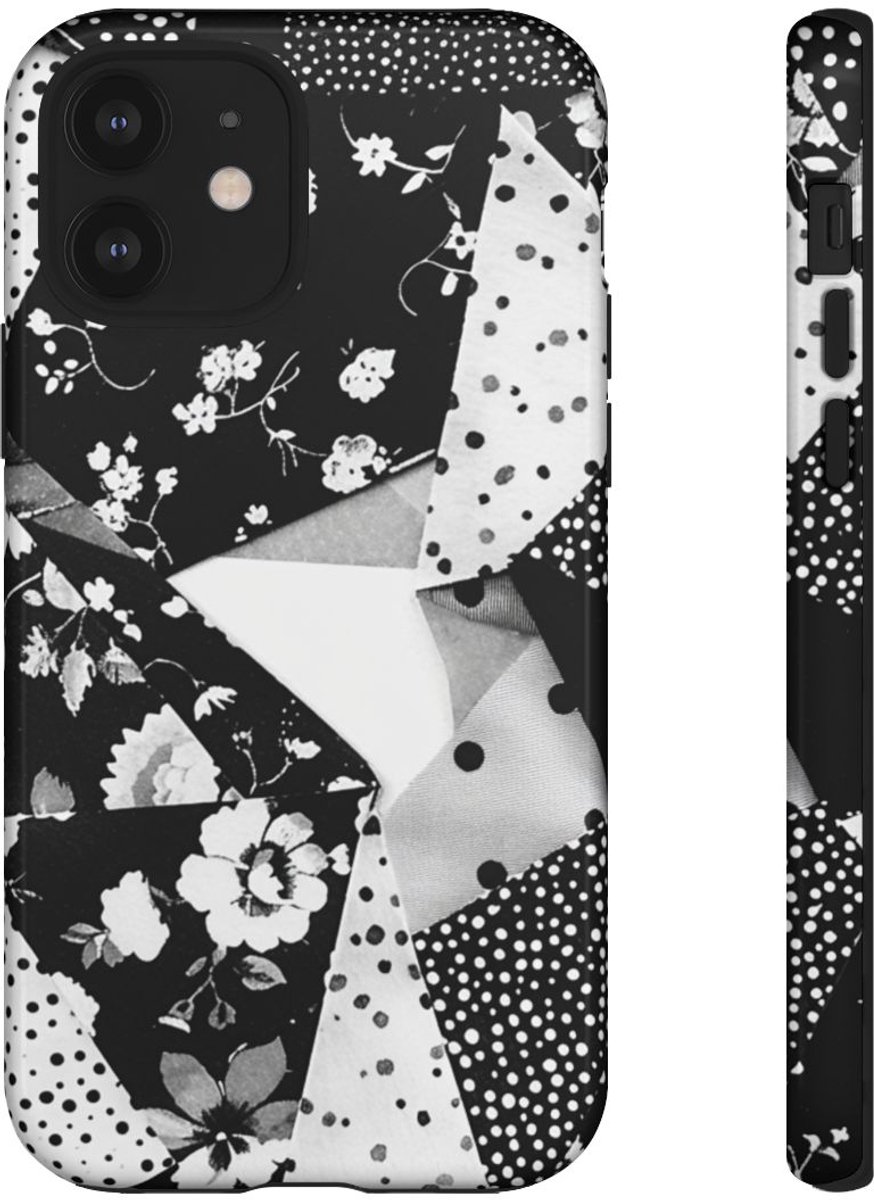 Monochrome Bloemen- en Polkadot Patchwork – Telefoonhoesje Geschikt voor iPhone 12