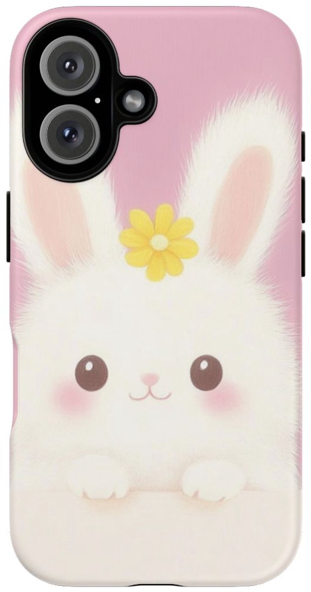 Lief Wit Konijntje met Gele Bloem – Telefoonhoesje Geschikt voor iPhone 16