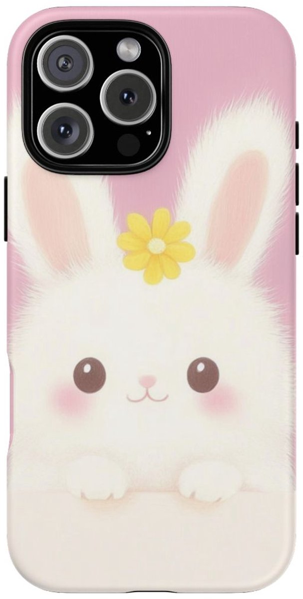 Schattig Wit Konijntje met Gele Bloem – Telefoonhoesje Geschikt voor iPhone 16 Pro Max