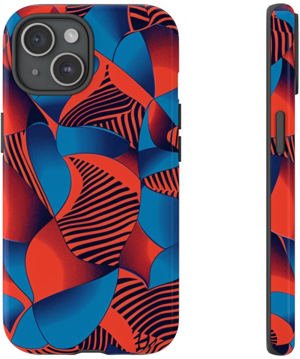 Levendig Rood-Blauw Abstract Patroon – Telefoonhoesje Geschikt voor iPhone 15