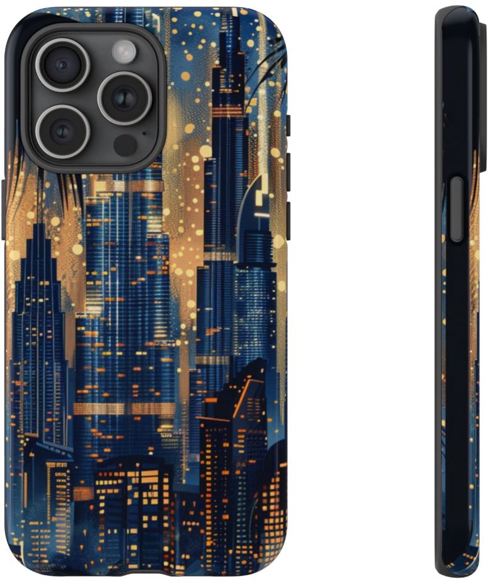 Stadssilhouet bij Nacht met Palmen – Telefoonhoesje Geschikt voor iPhone 15 Pro Max
