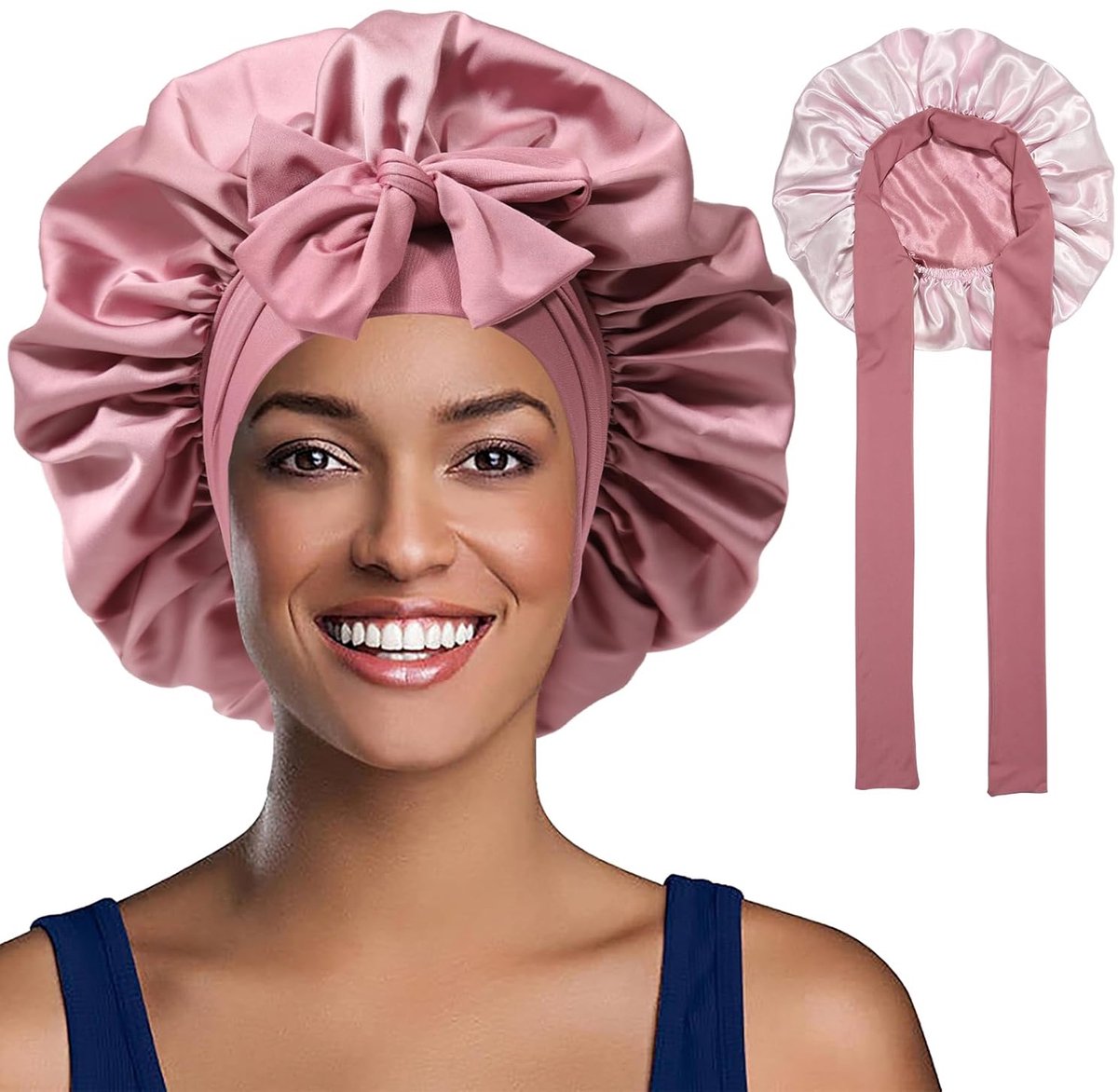 Satijnen haarkap voor dames - Dubbelzijdige slaapmuts voor haarbescherming (roze)