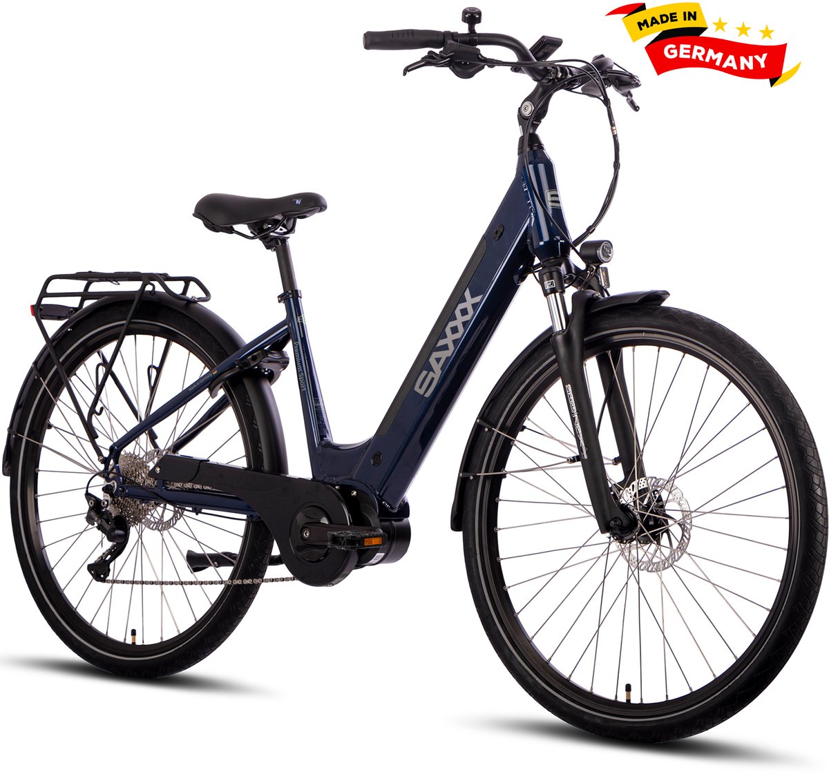 SAXXX PREMIUM SPORT WAVE - Elektrische Fiets - 95% Vooraf Geassembleerd Stadsfiets - 522Wh Verwijderbare Accu - 100 km Actieradius - Middenmotor 250W - Shimano Deore 10-speed - 28" Wielen - Hydraulische Schijfremmen - Blauw
