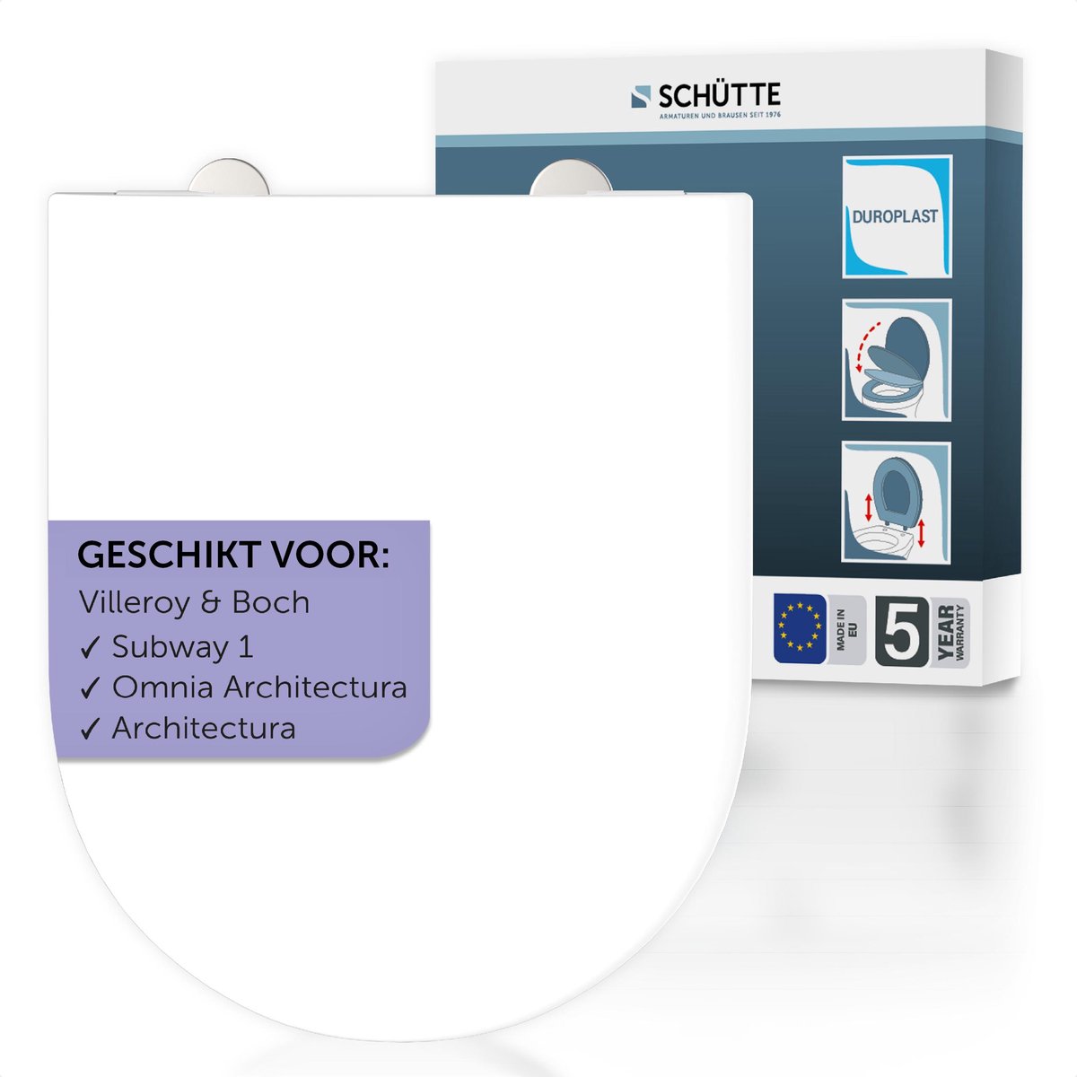 SCHÜTTE WC-Bril 82812 PRO 5 - D-vorm - Valrem - Afneembaar - Geschikt voor Villeroy & Boch SUBWAY 1, OMNIA ARCHITECTURA, ARCHITECTURA - Belastbaar tot 250 kg