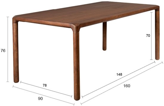 Bruine walnoot eettafel met afgeronde hoeken en afmetingen: lengte 160cm, breedte 90cm, hoogte 76cm.