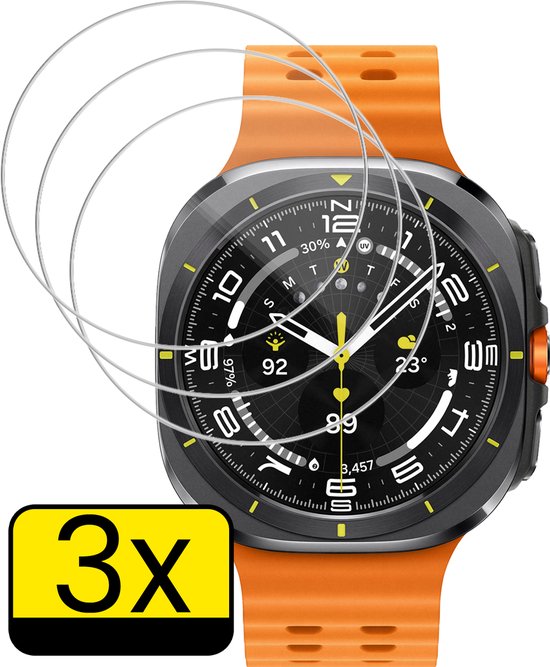 Drie schermprotectoren op een oranje smartwatchband.
