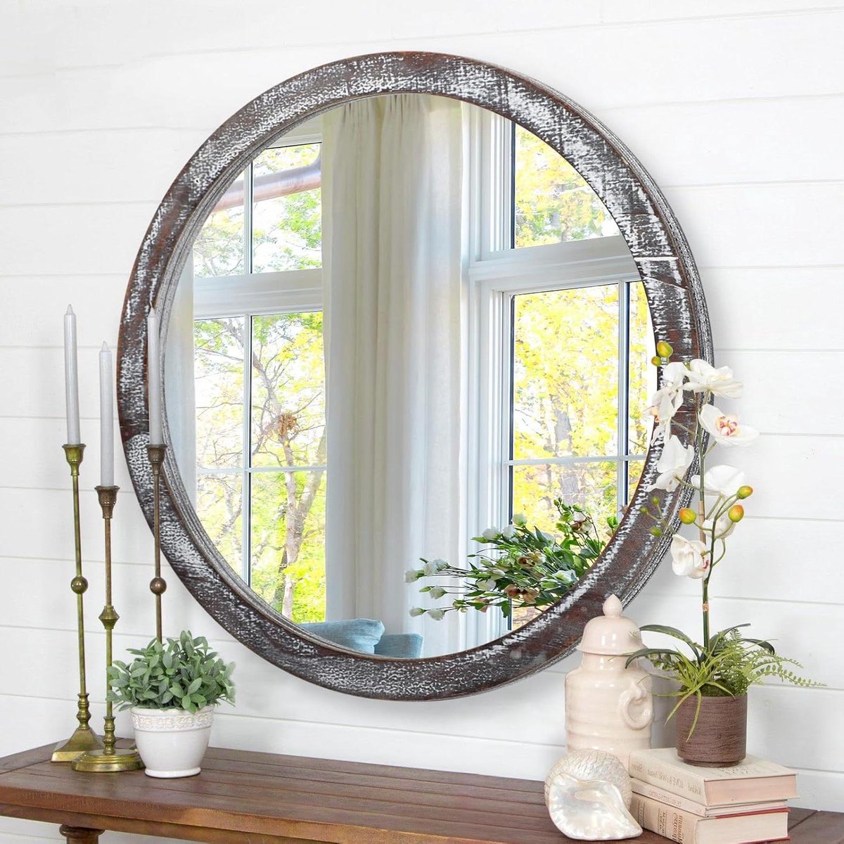Smoakez - Ronde spiegel 40cm hangende cirkel wanddecoratieve spiegel natuurlijke houten boerderij frame bruine waslijn rand voor slaapkamer badkamer woonkamer of gang