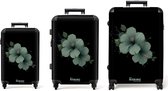 NoBoringSuitcases.com® - Ensemble de 3 valises - Valise légère - Zwart avec fleur d'hibiscus verte - Ensemble de valises de voyage à 4 roues - Valise à roulettes de taille moyenne - Valise de soute - Valises avec serrure TSA