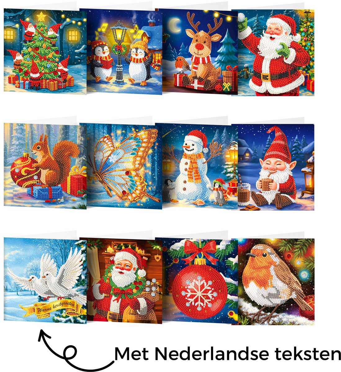 Adorzy Diamond Painting Kerstkaarten Met Nederlandse Teksten – 12 Kerstkaarten met envelop - Diamond Painting Volwassenen – Diamond Painting Volledig Pakket