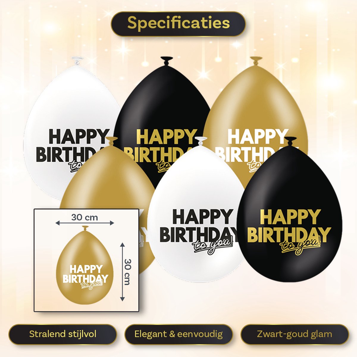 LUQ – Latex Ballonnen Celebration Happy Birthday – 6 Stuks – Zwart-Wit-Goud – Luxe Verjaardag Versiering – Helium Ready — afbeelding 5
