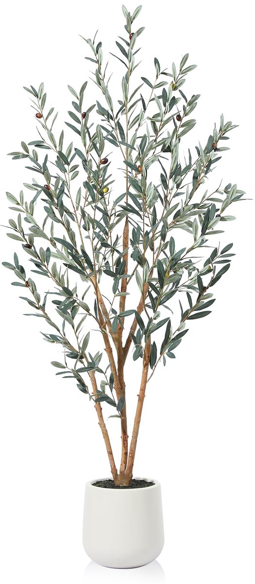 SOGUYI Kunstolijfboomplanten, 180 cm grote kunstzijden plant voor binnenhuisdecoratie, kunstplanten in witte plantenbak met kunstmos, set van 1