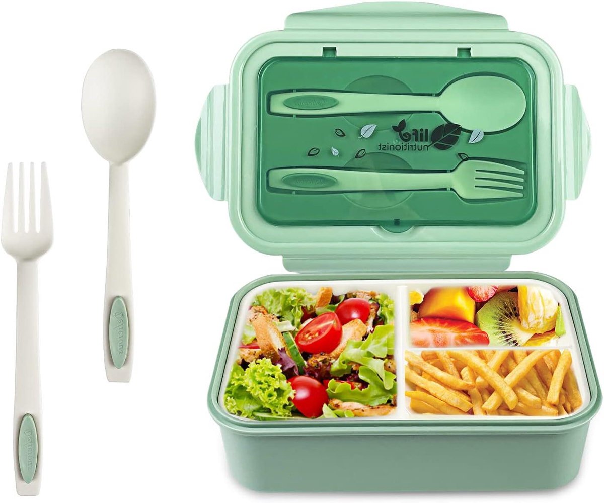 ByShane - Lunchbox met 3 vakken en bestek 1400 ml - BPA-vrij - Waterdichte bento lunchbox voor magnetron en vaatwasser - Groen - Geschikt voor volwassenen, kinderen en schoolwerk